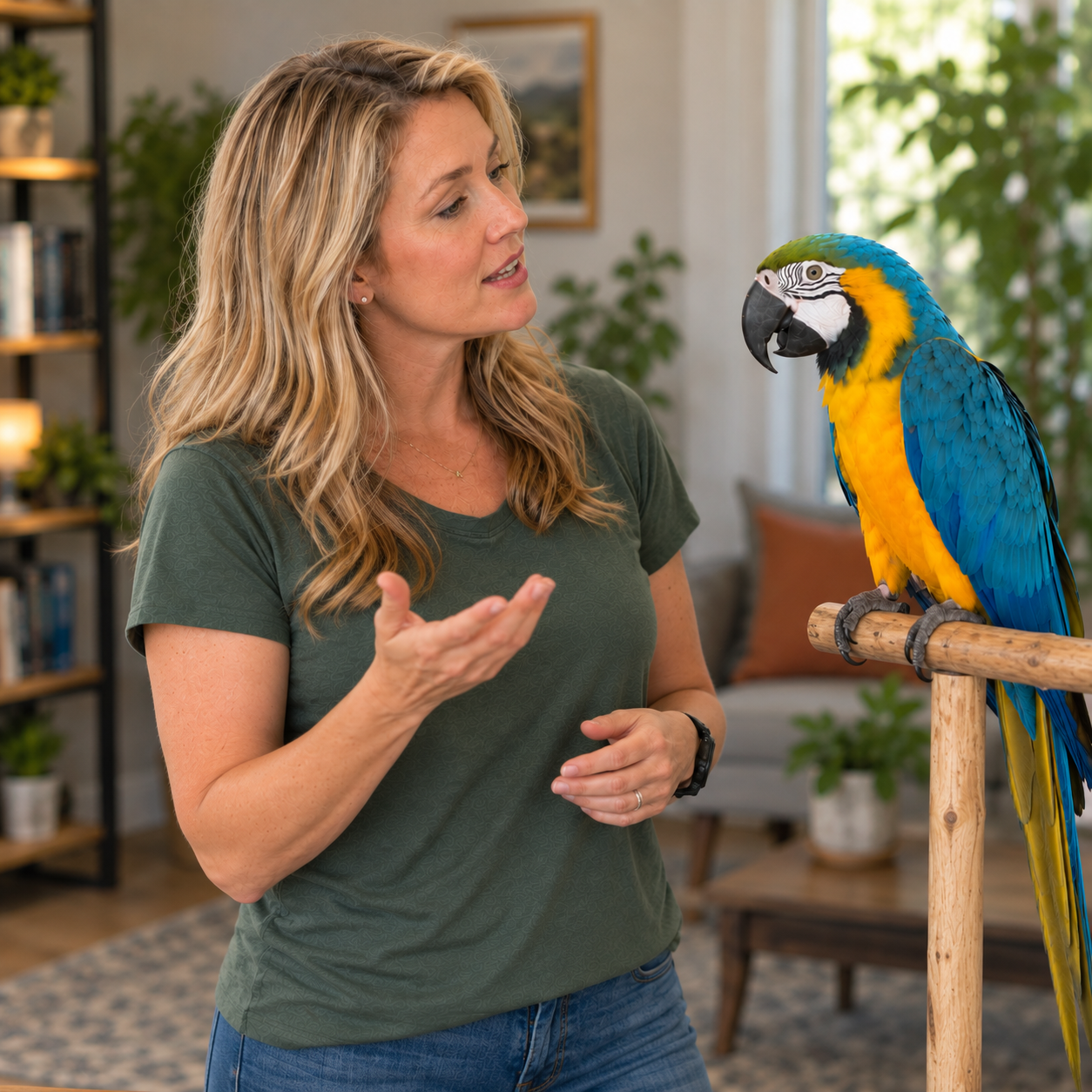 Beak School trainer working with a blue and gold macaw