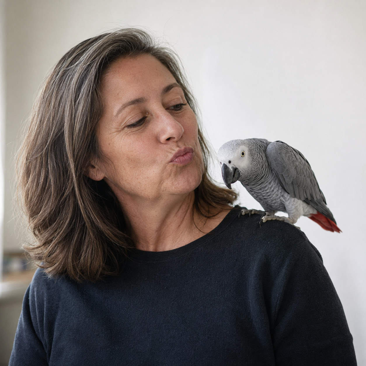 A woman kissing an African Grey parrot perched on her shoulder