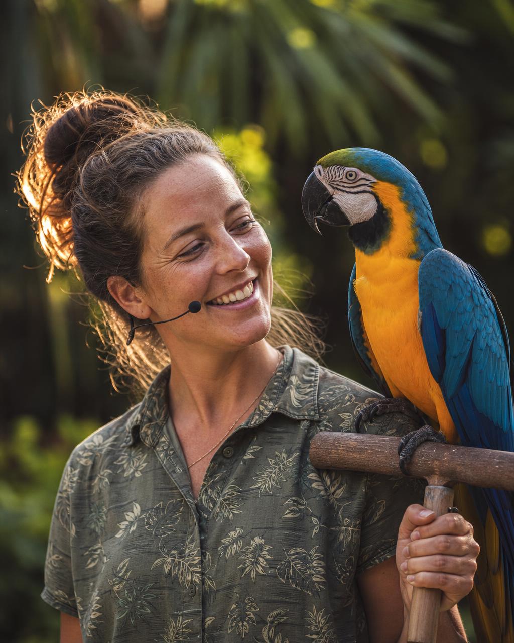 Certified force-free trainer smiling beside a calm blue and gold macaw in warm golden light