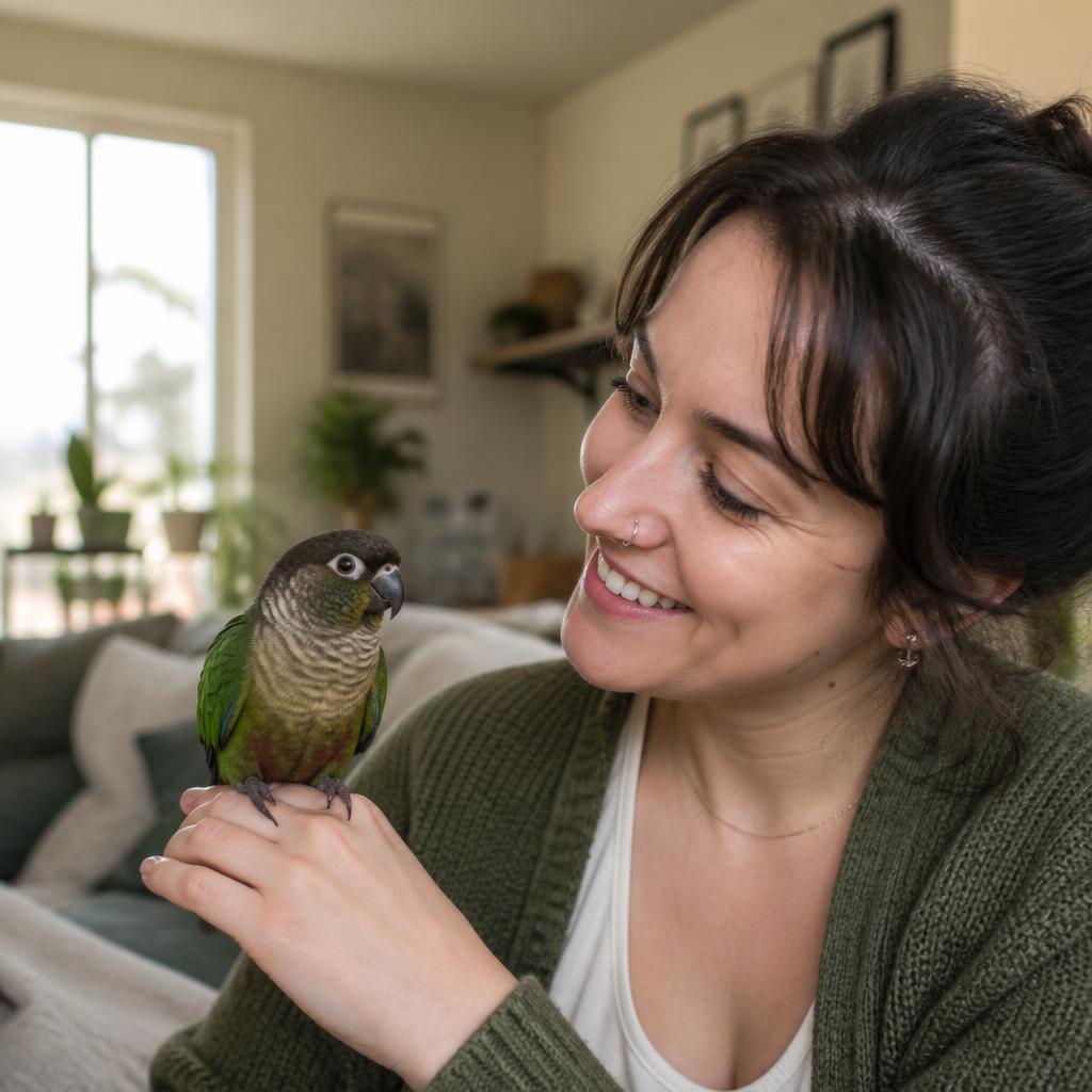 Happy parrot owner smiling with a calm green cheek conure on her hand in warm window light