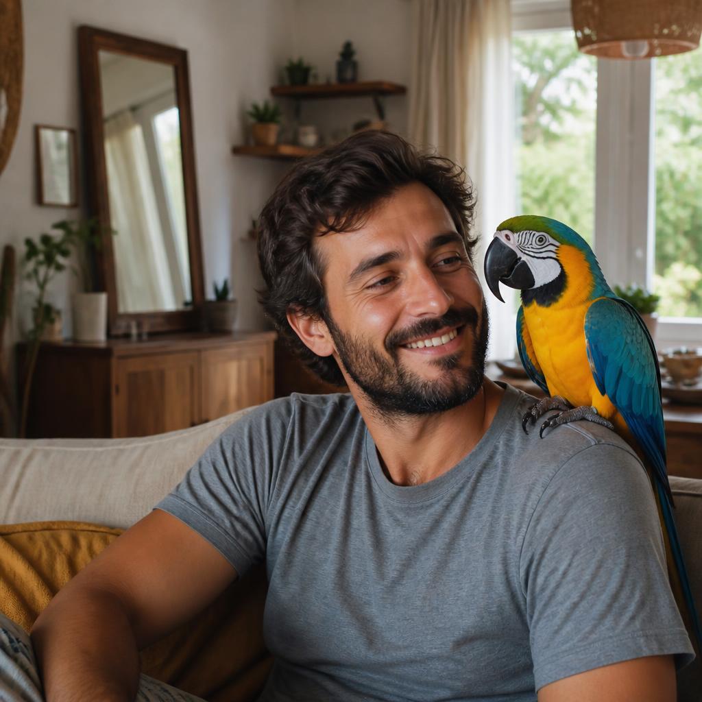 A happy man with a bright macaw on his shoulder
