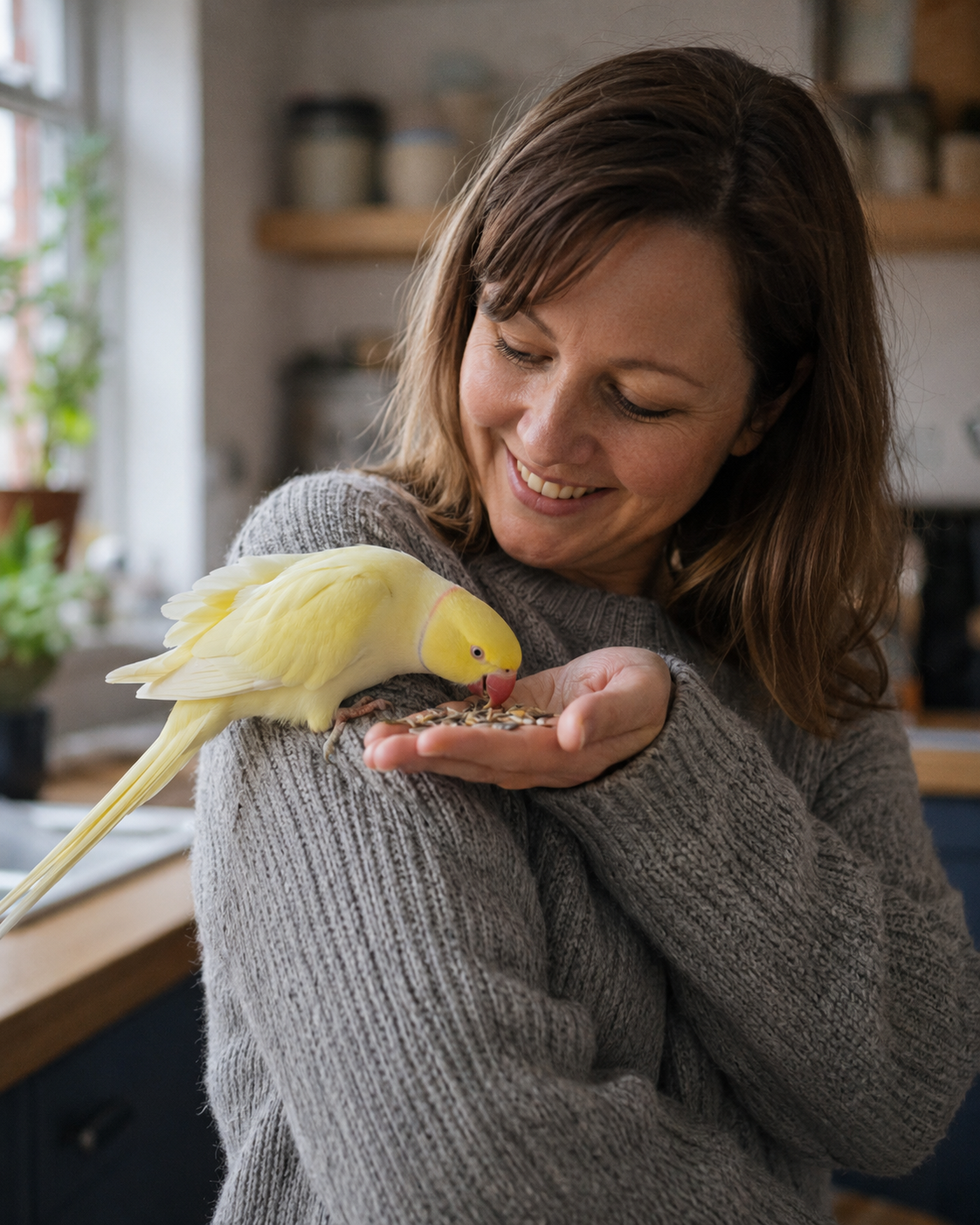 A woman smiling while hand-feeding a calm yellow parrot