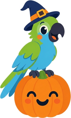 A Beak School parrot in a little witch hat sitting on a pumpkin