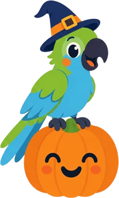 A Beak School parrot in a little witch hat sitting on a pumpkin